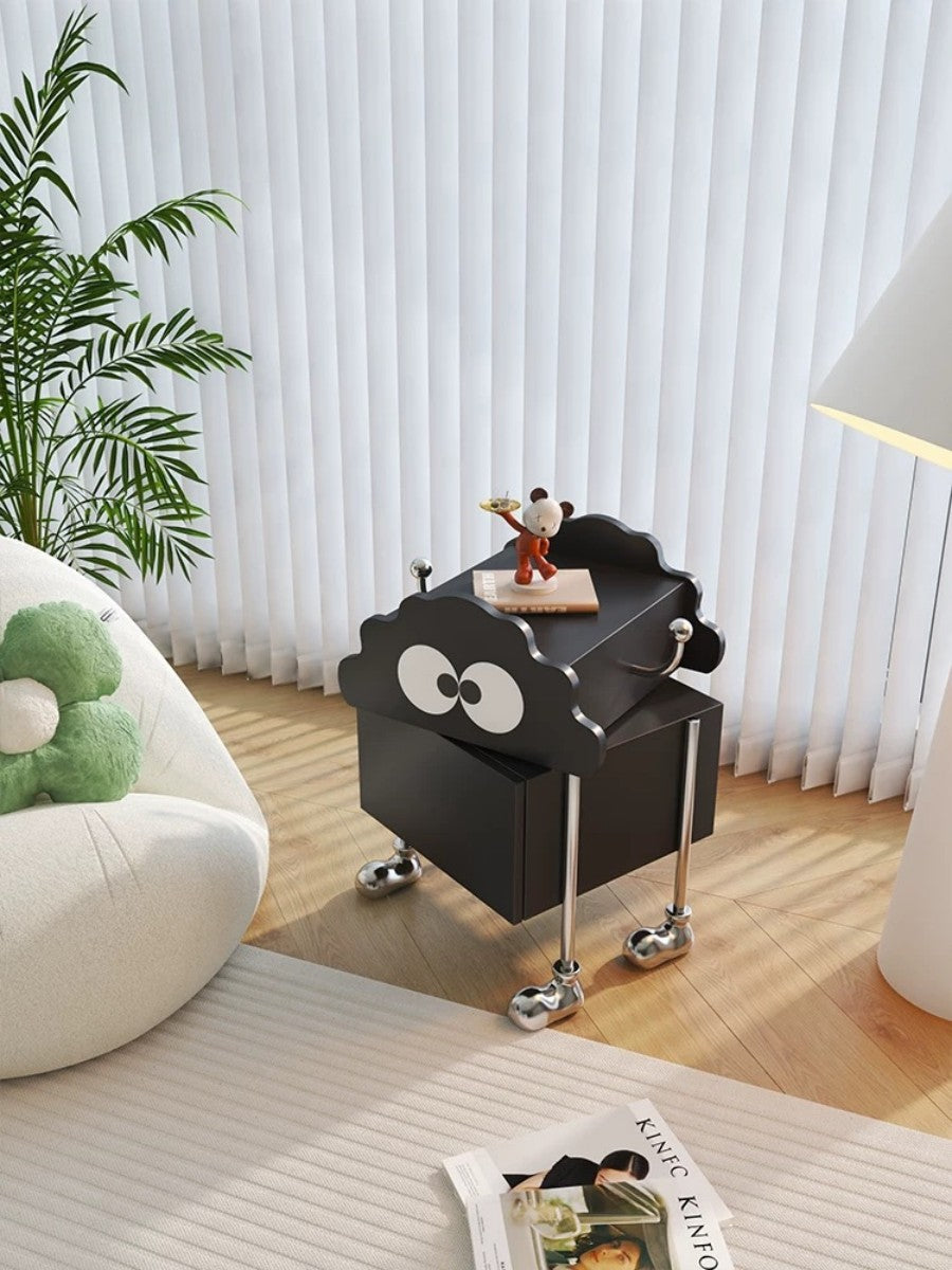 Black Cartoon Bedside Cabinet – Playful Kids Storage Table with Eyes