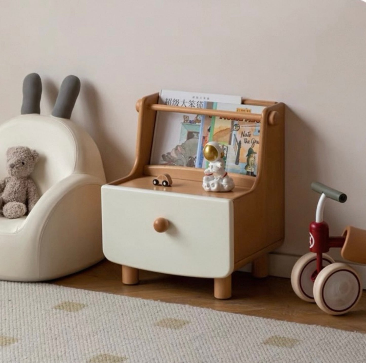 Kids Wooden Bedside Table with Bookshelf – Modern Nightstand Organizer