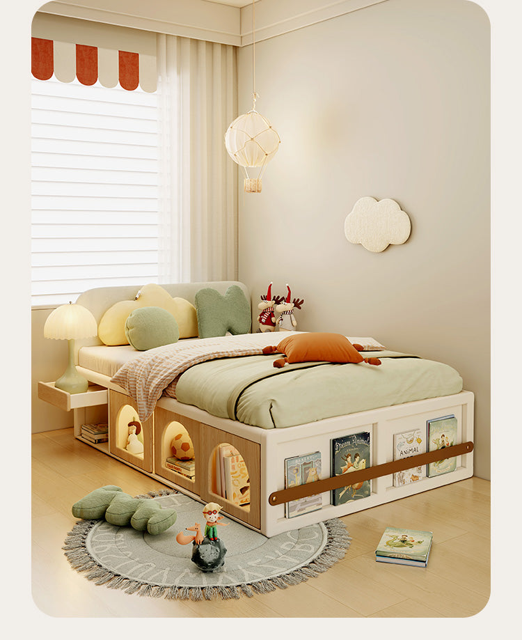 Multifunctional Kids Bed with Bookcase Headboard and Toy Storage – Montessori-Inspired Toddler Bed Frame – Furniture