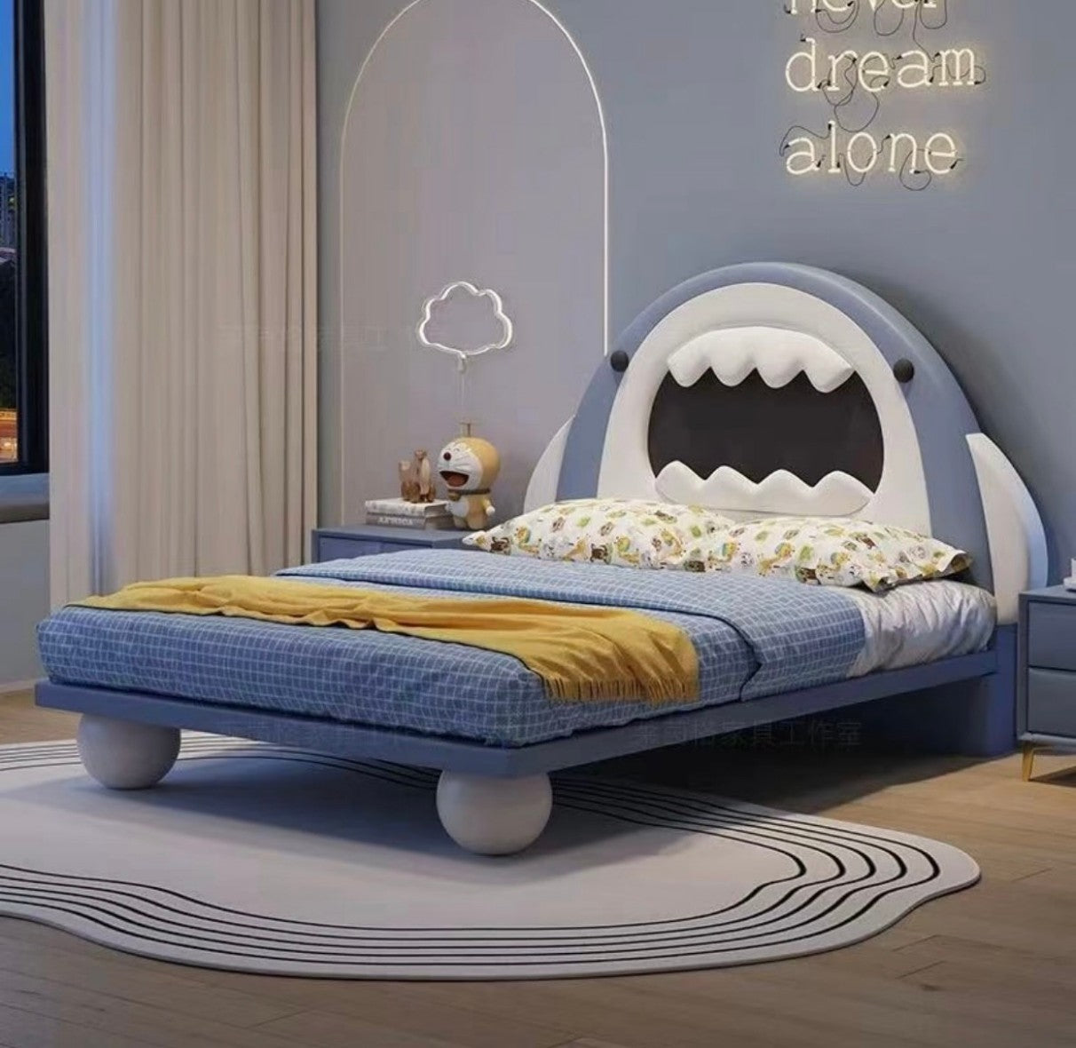 Shark-Themed Kids Bed with 3D Headboard and Ocean Blue Finish