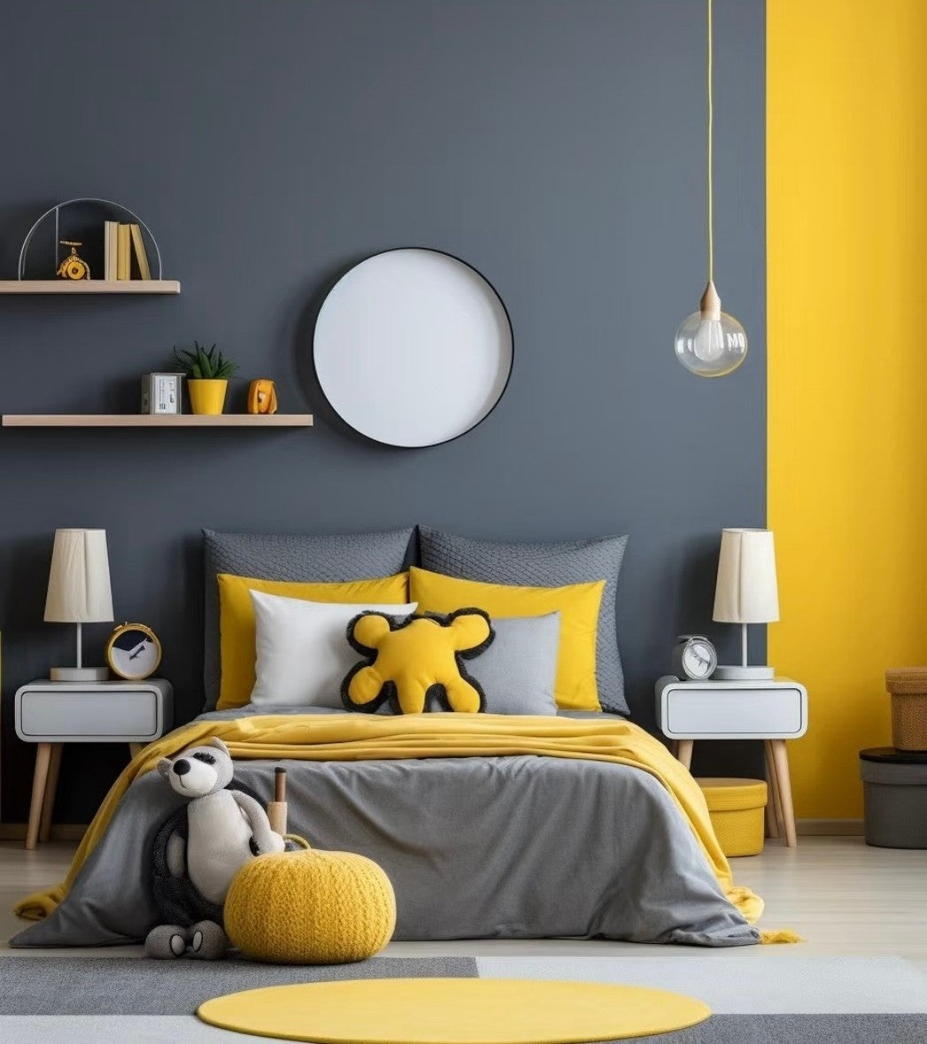 Modern Yellow and Gray Kids Bed with Nightstands – Contemporary Bedroom Set for Boys or Girls
