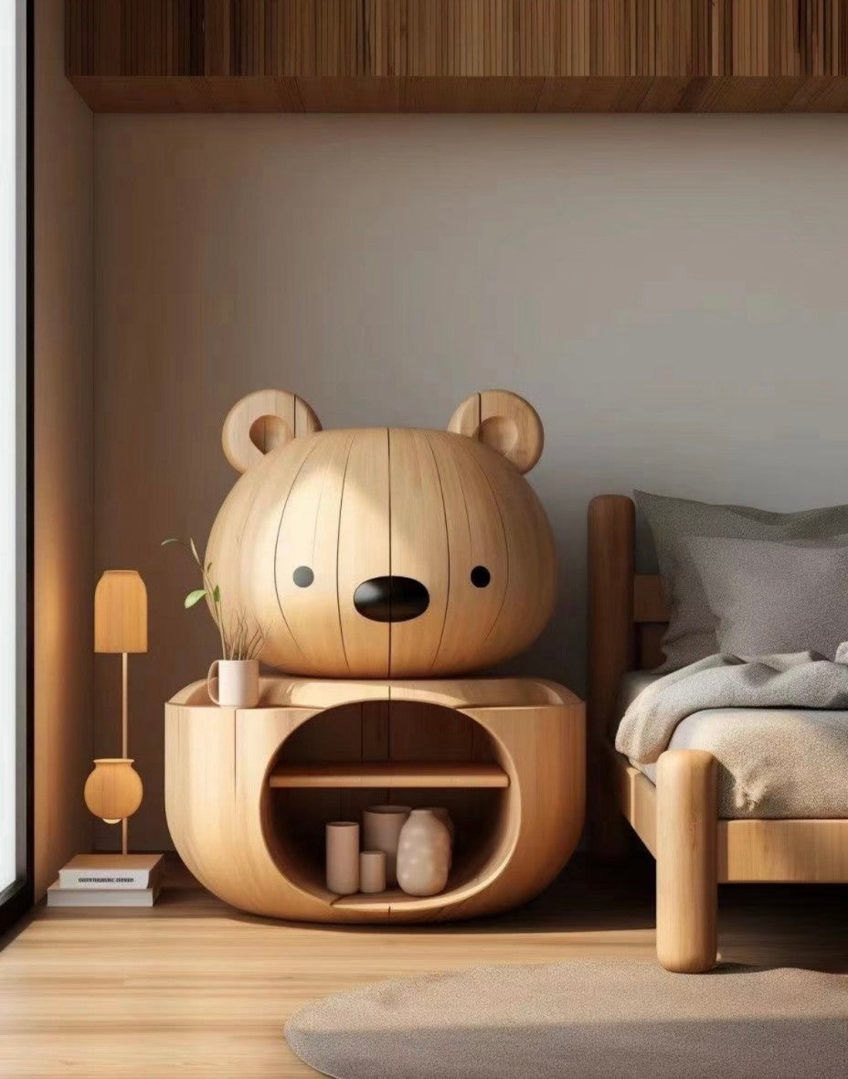 Bear Shaped Wooden Nightstand – Cute Study Storage Cabinet for Kids
