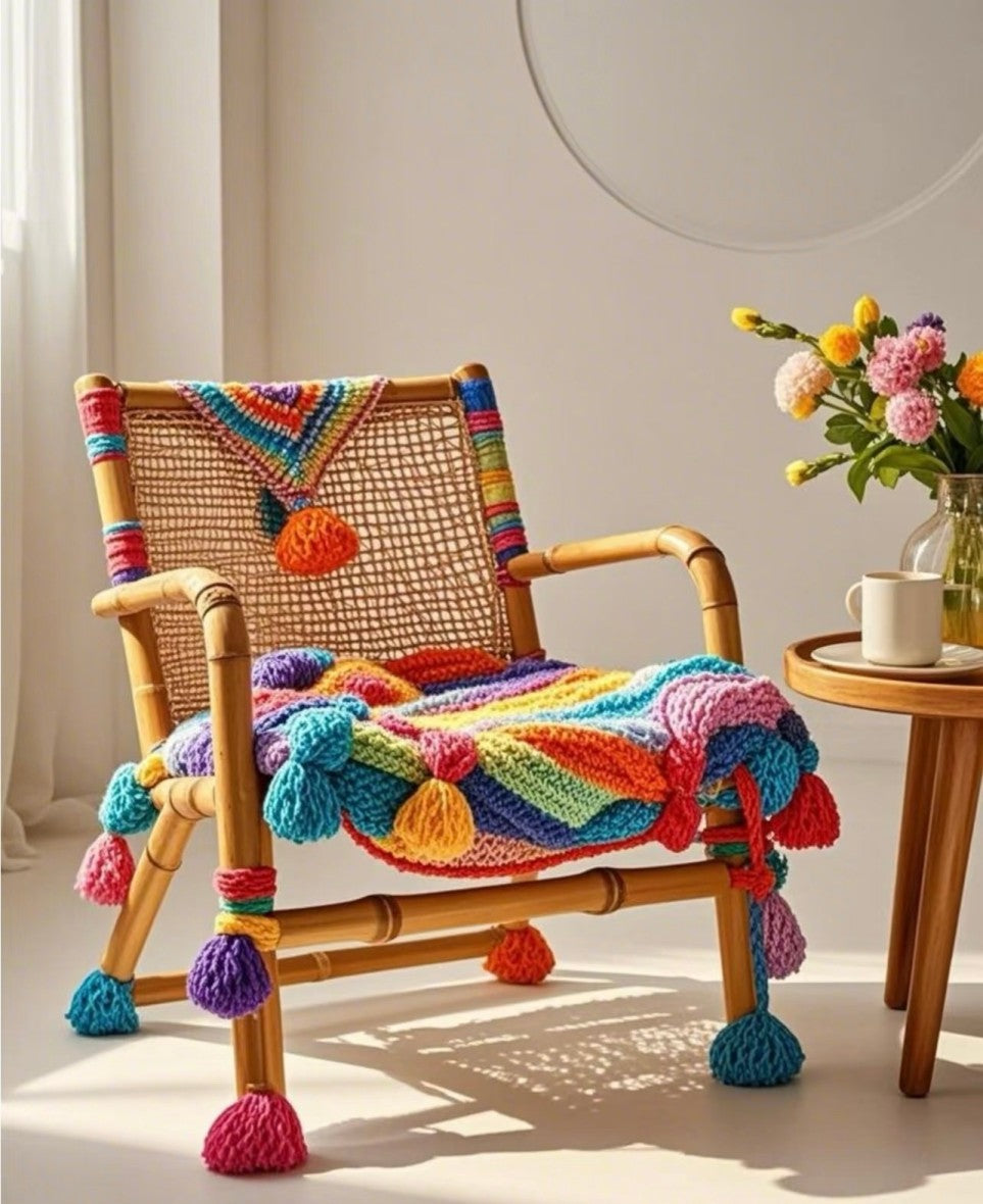 Rainbow Knit Tassel Kids Chair – Boho Playroom Accent Armchair