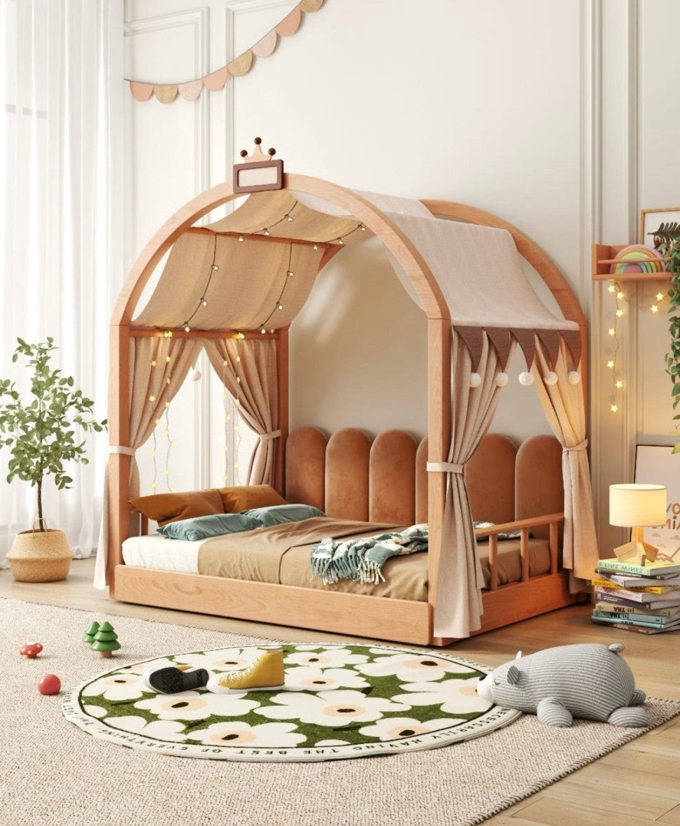 Kids Canopy House Bed with Curtains – Wooden Montessori Floor Bed with Playful Arch Design