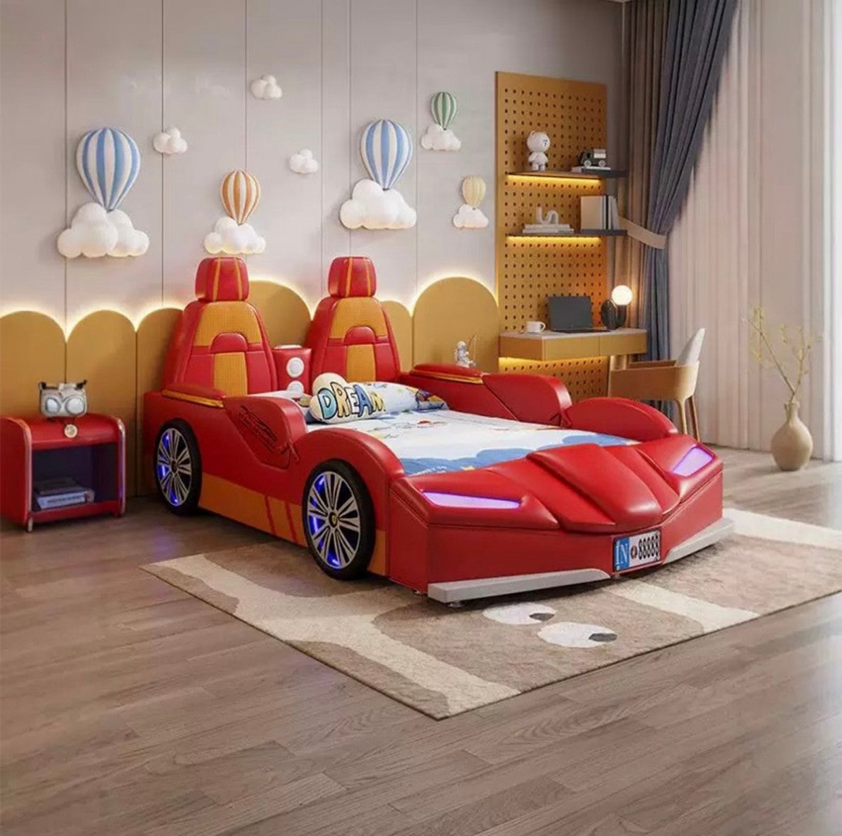 Red Race Car Kids Bed with LED Lights – Modern Boys’ Bedroom Furniture for Racing Fans