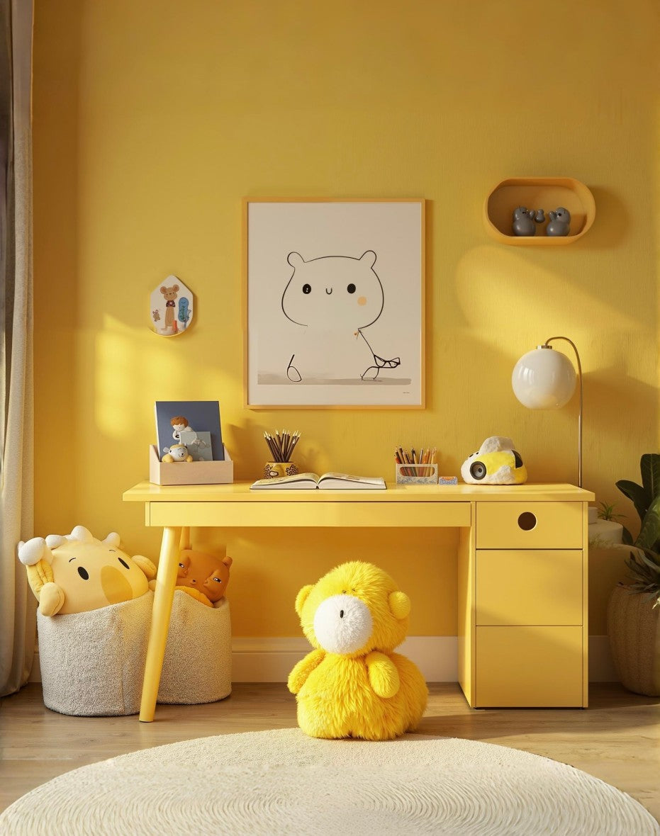 Yellow Kids Study Desk with Storage, Modern Children’s Writing Table