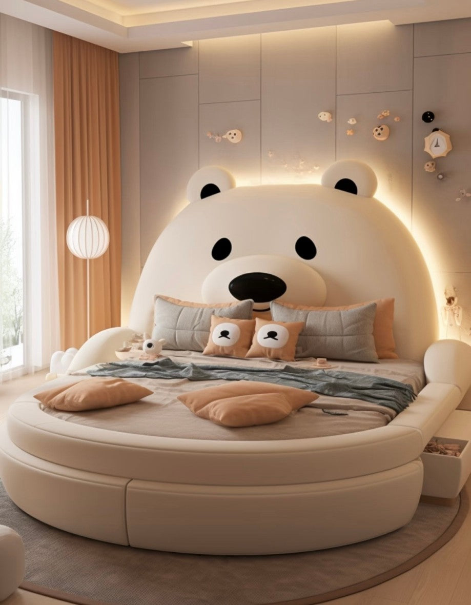 Cartoon Bear Round Bed for Kids, Cute Children’s Upholstered Bed