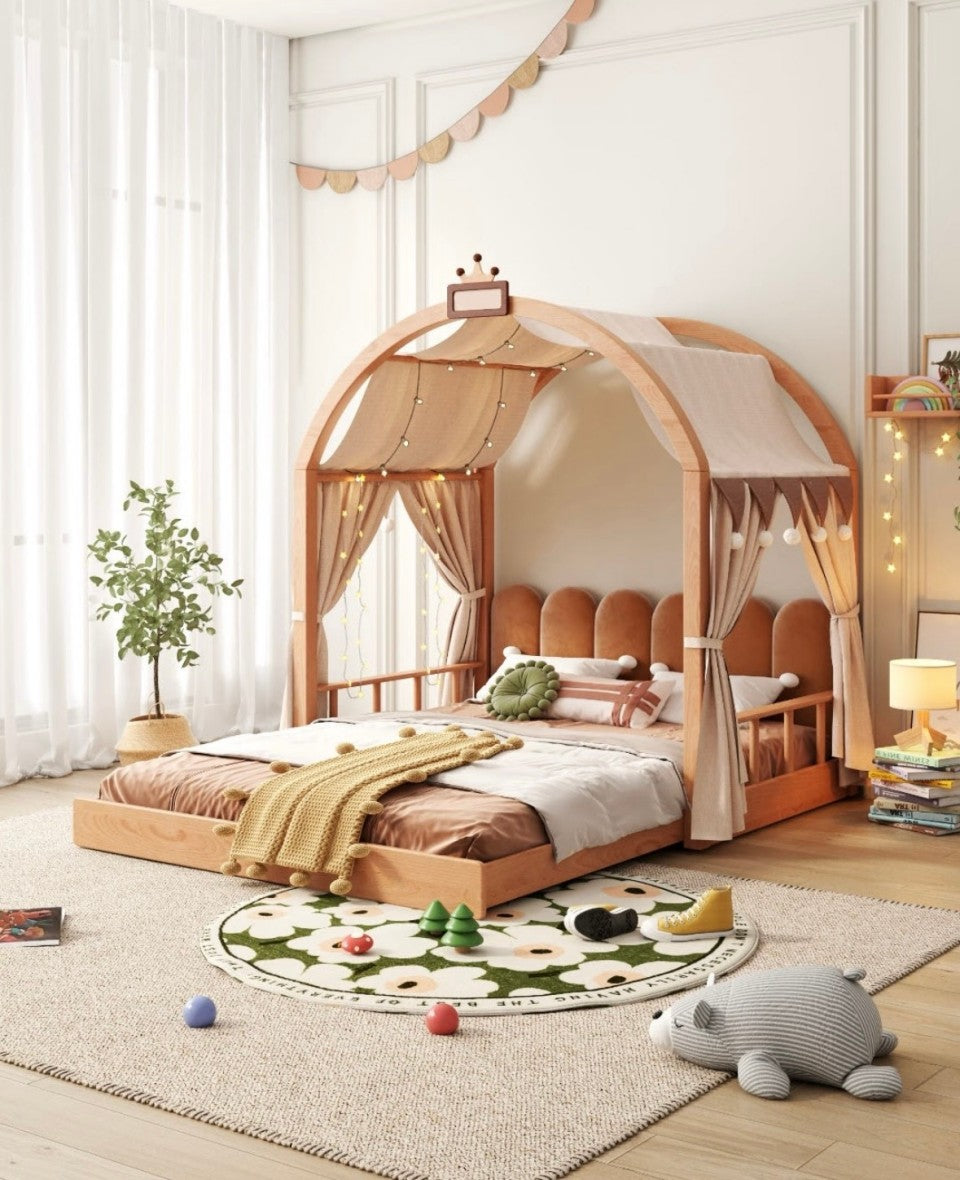 Montessori Canopy Kids Bed, Wooden Floor Bed with Playhouse Design