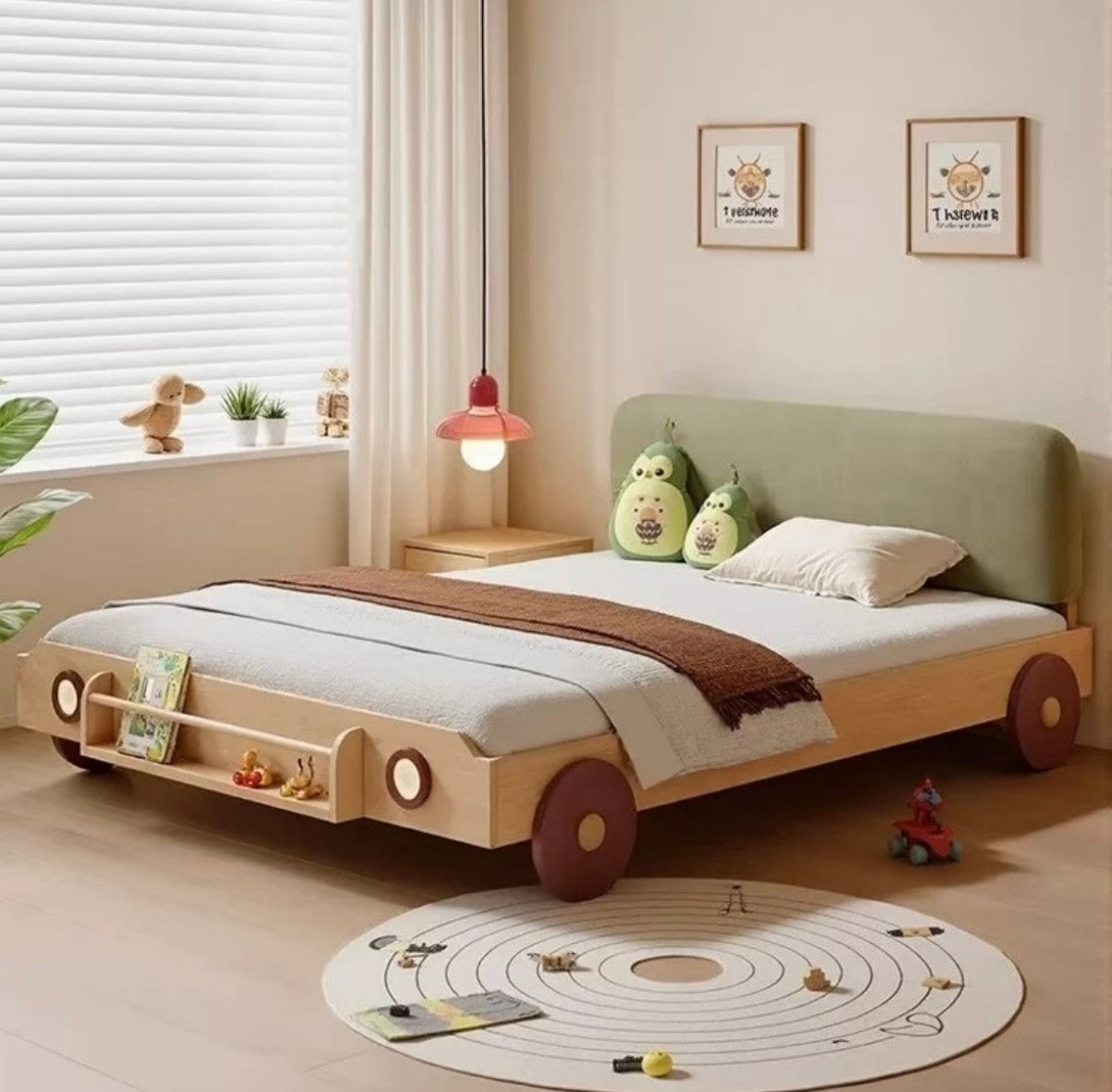 Kids Car-Shaped Bed with Soft Headboard, Modern Wooden Children’s Bed Frame