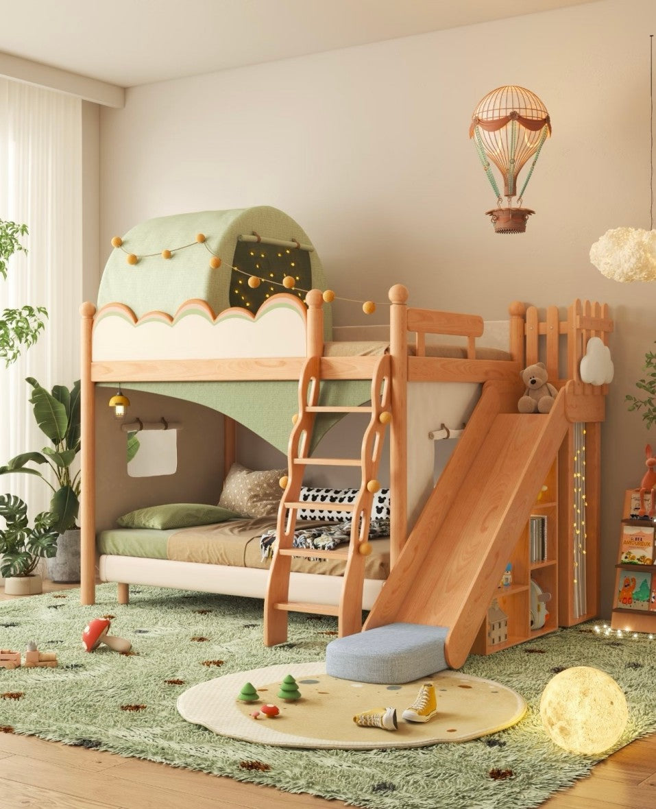 Wooden Kids Bunk Bed with Slide and Canopy, Multifunctional Loft Bed