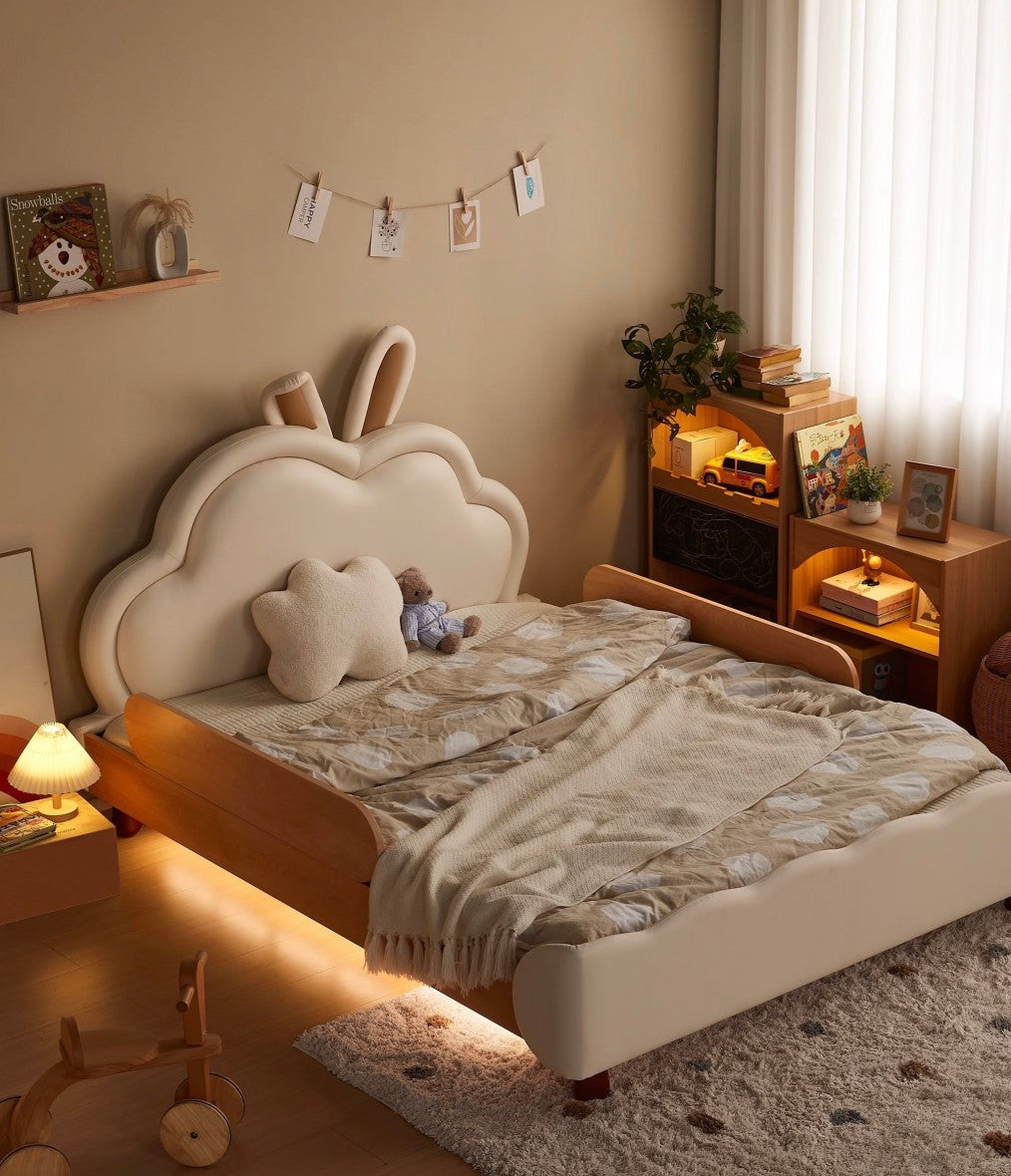 Cute Bunny Cloud Kids Bed, Modern Upholstered Children’s Bed Frame