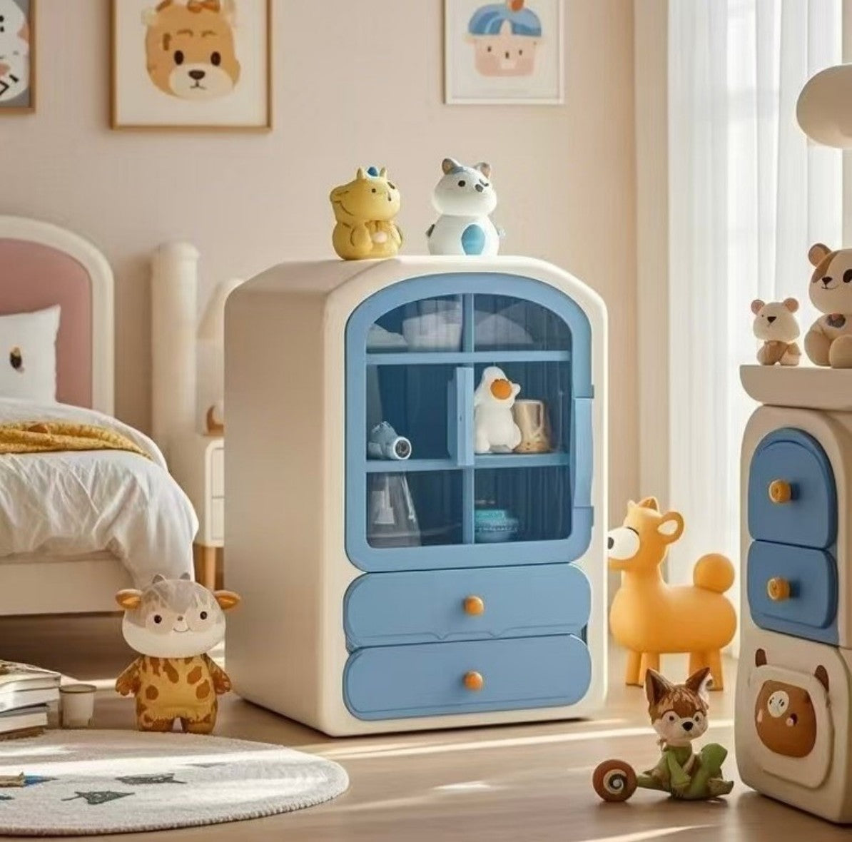 Cute Kids Storage Cabinet with Drawers, Blue Toy Organizer for Bedroom