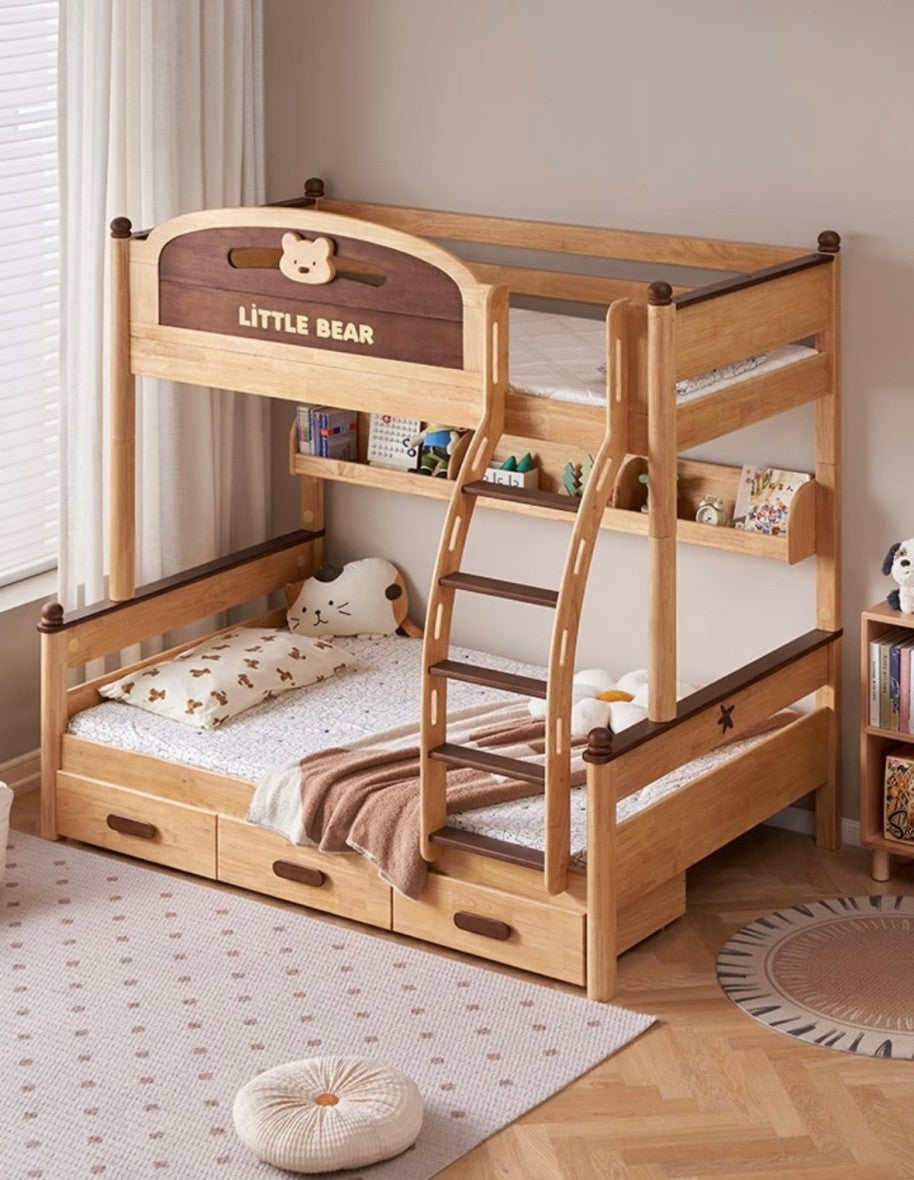 Little Bear Bunk Bed – Solid Wood Kids Bunk Bed with Storage Drawers and Safety Rails