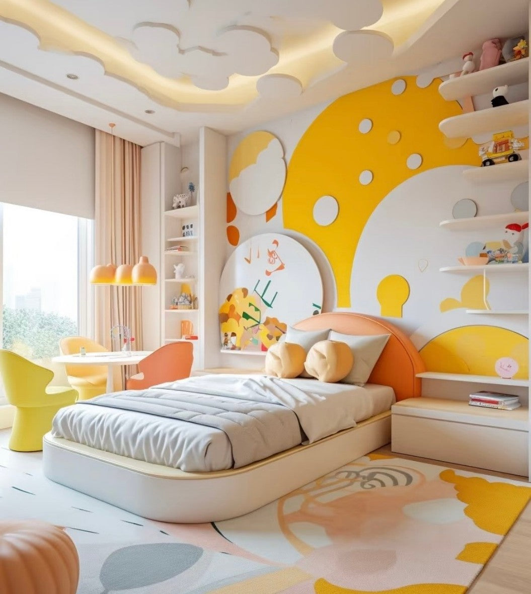 Modern Kids Bedroom with Colorful Wall Art, Creative Bed and Study Area
