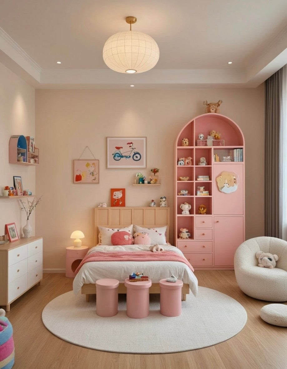 Modern Pink Kids Bedroom Set – Twin Bed with Pink Storage Cabinets and Playful Decor