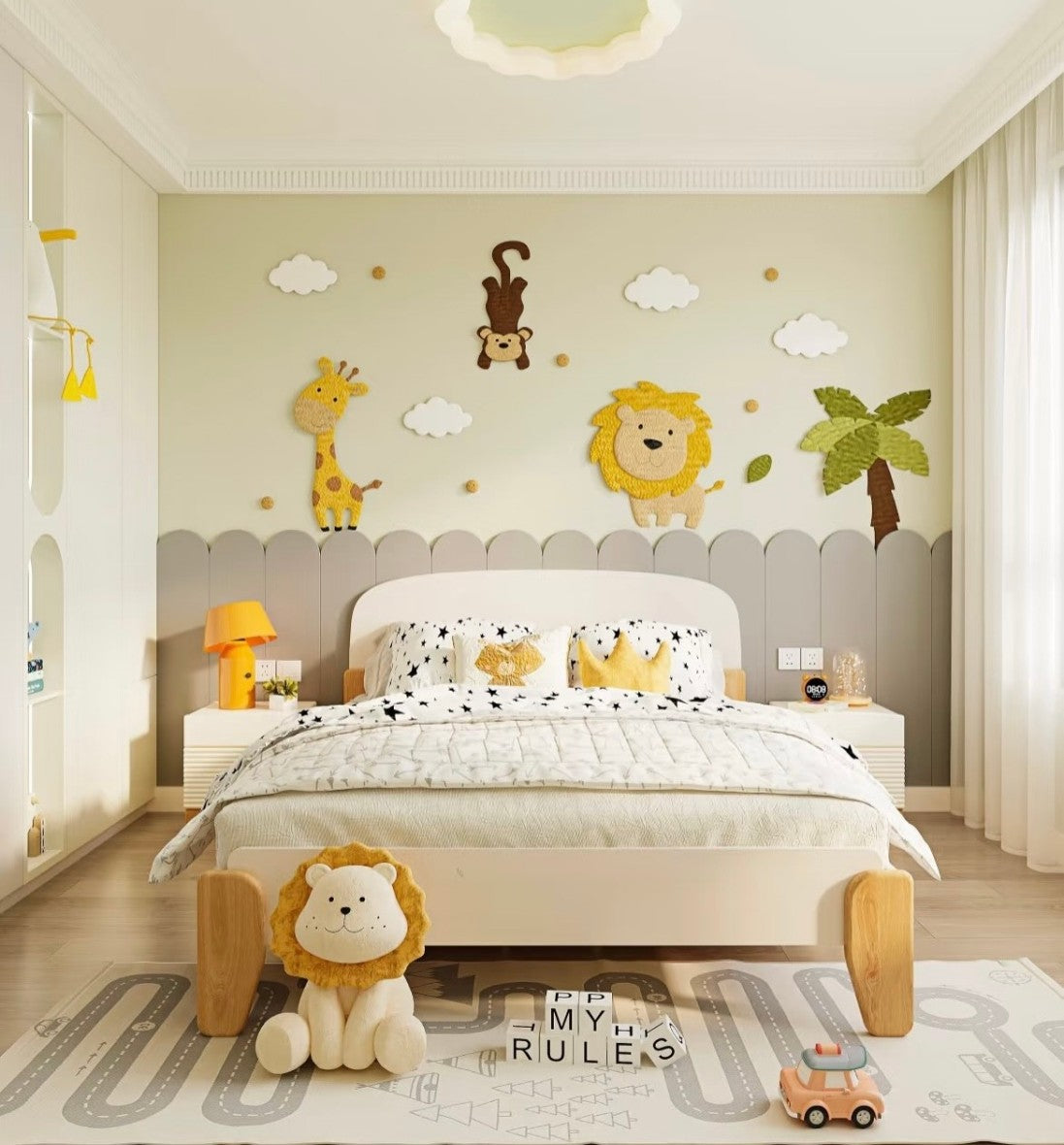 Safari Animal Kids Bed – Animal-Themed Bed Frame with Lion, Giraffe, and Monkey Decor