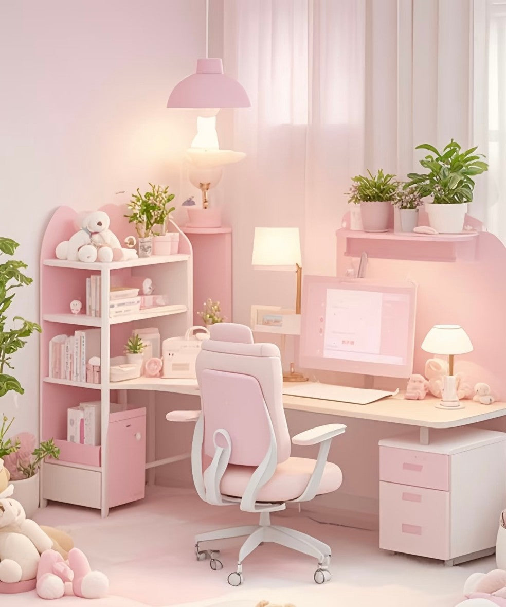 Modern Pink Ergonomic Study Desk and Chair Set – Adjustable Kids Computer Workstation with Storage