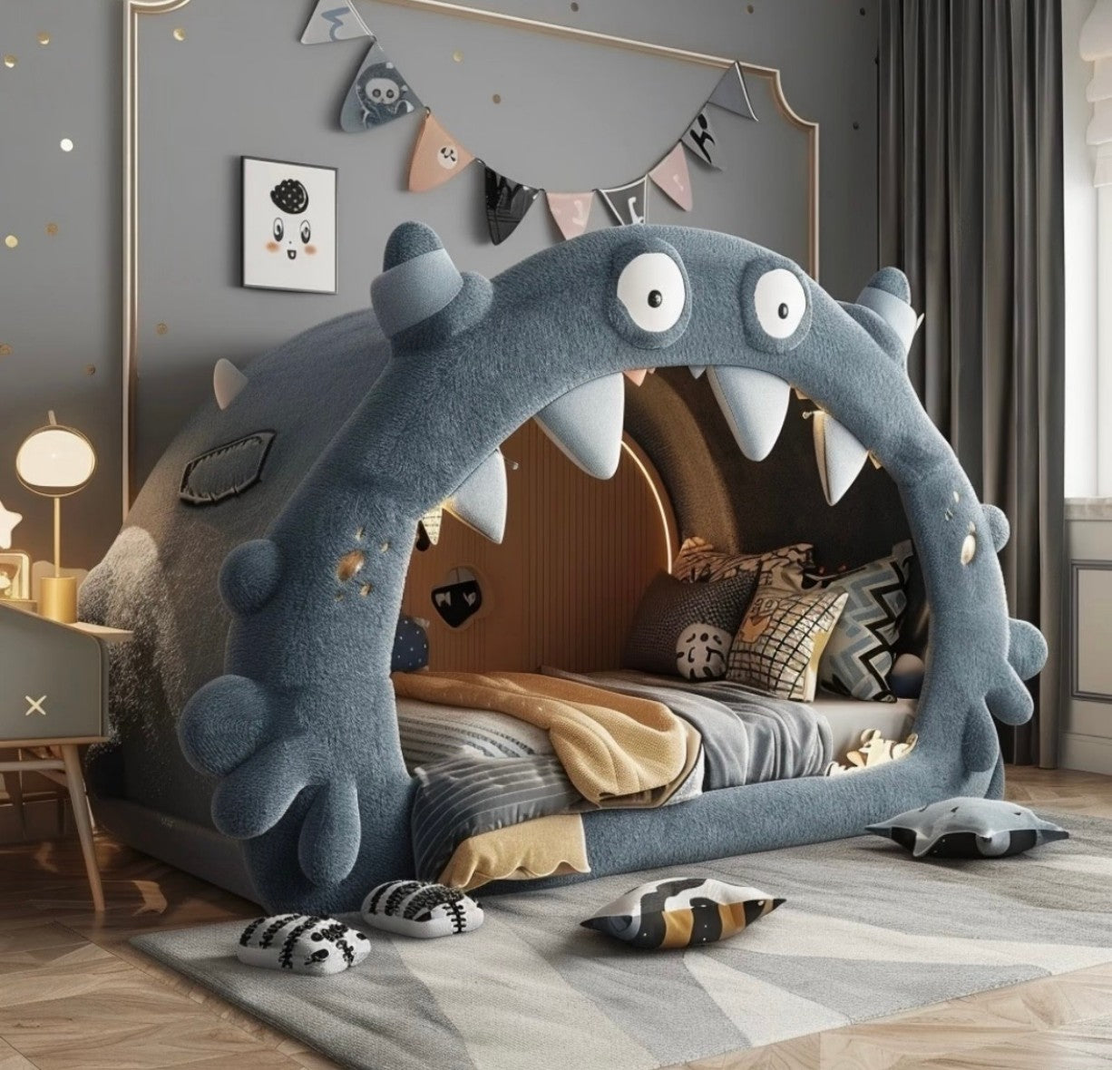 Monster Theme Kids Bed – Plush Upholstered Children’s Bed with Fun Canopy Design