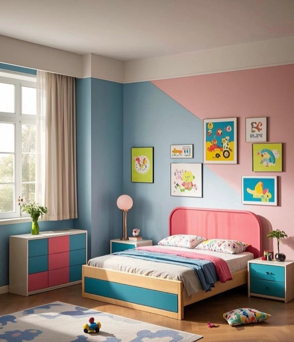 Color Block Modern Kids Bedroom Set – Twin Bed with Matching Nightstand and Dresser