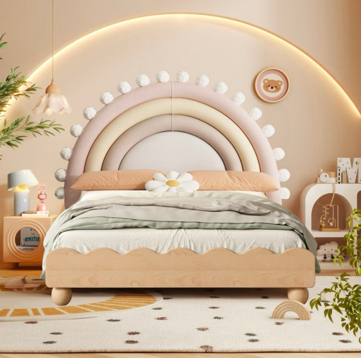 Rainbow Arch Upholstered Kids Bed – Pastel Headboard with Daisy Accent and Soft Wooden Frame