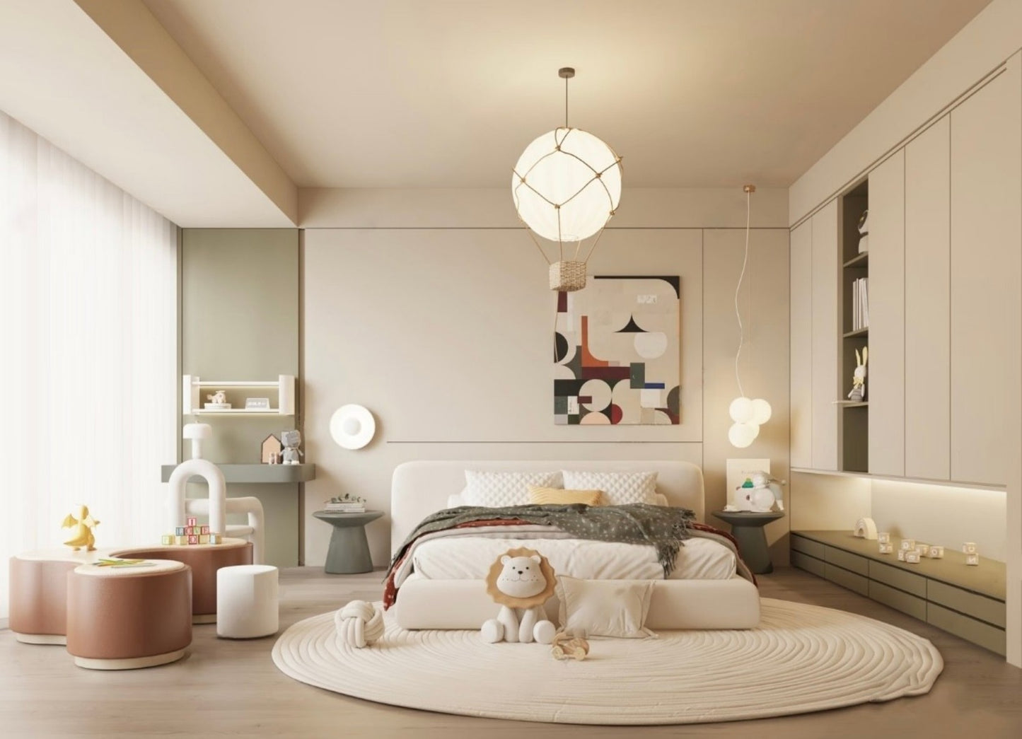 Modern Minimalist Kids Upholstered Bed with Built-In Storage and Play Area