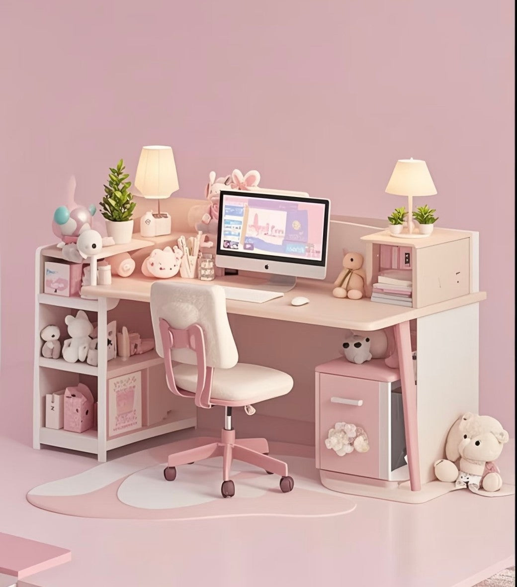 Cute Pink L-Shaped Study Desk with Bookshelves – Girls’ Computer Desk and Storage Set