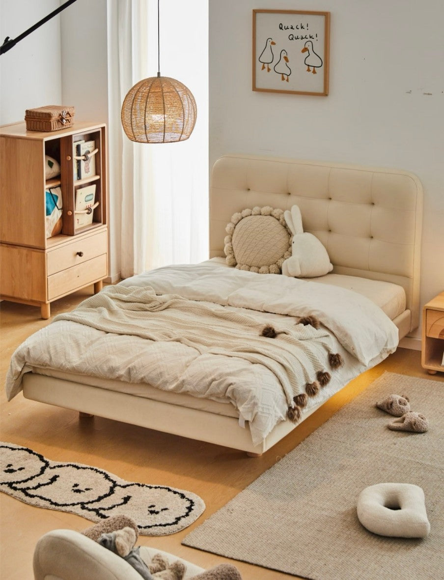 Cream Tufted Upholstered Kids Bed with Natural Wood Storage Cabinet