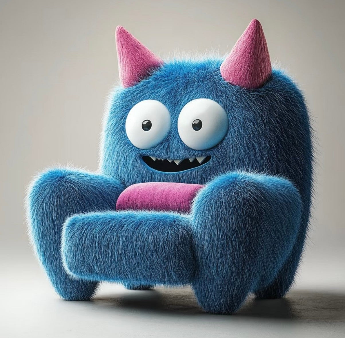 Blue Monster Fuzzy Kids Armchair – Fun Plush Nursery Chair with Horns