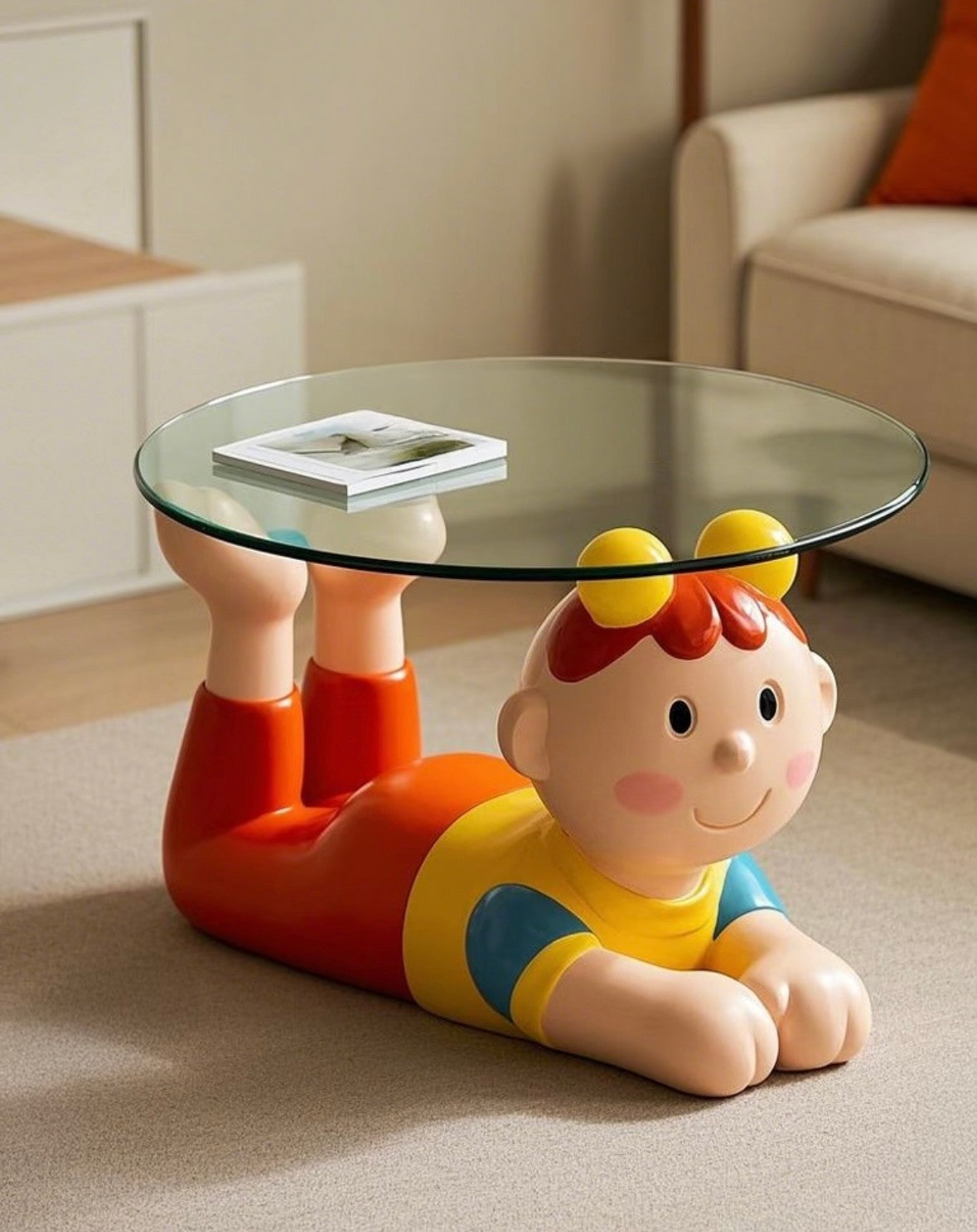 Cartoon Child Coffee Table – Glass Top Playful Kids Table