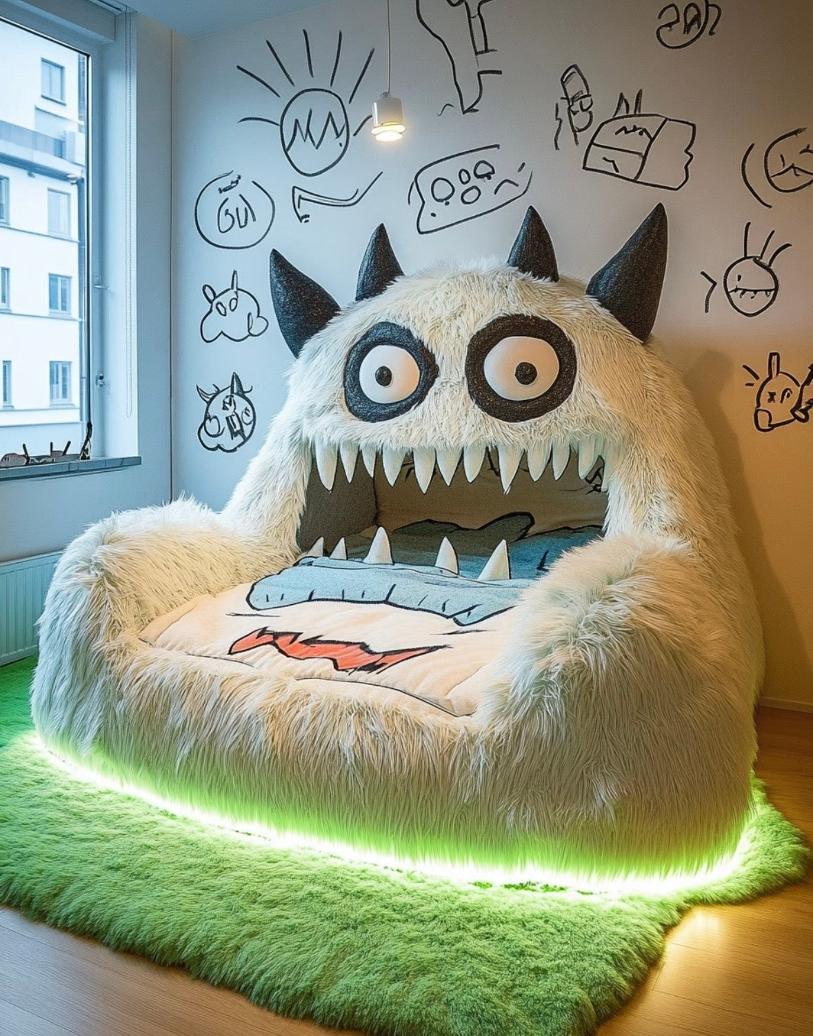 Monster Bed with LED Lights – Plush Furry Kids Bed for Playroom