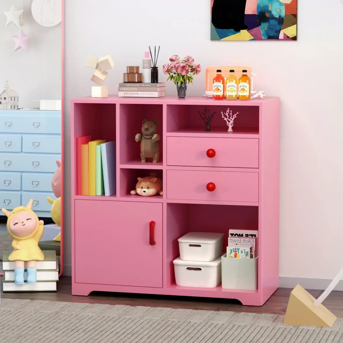 Pink Kids Storage Cabinet – Multi-Compartment Organizer Shelf