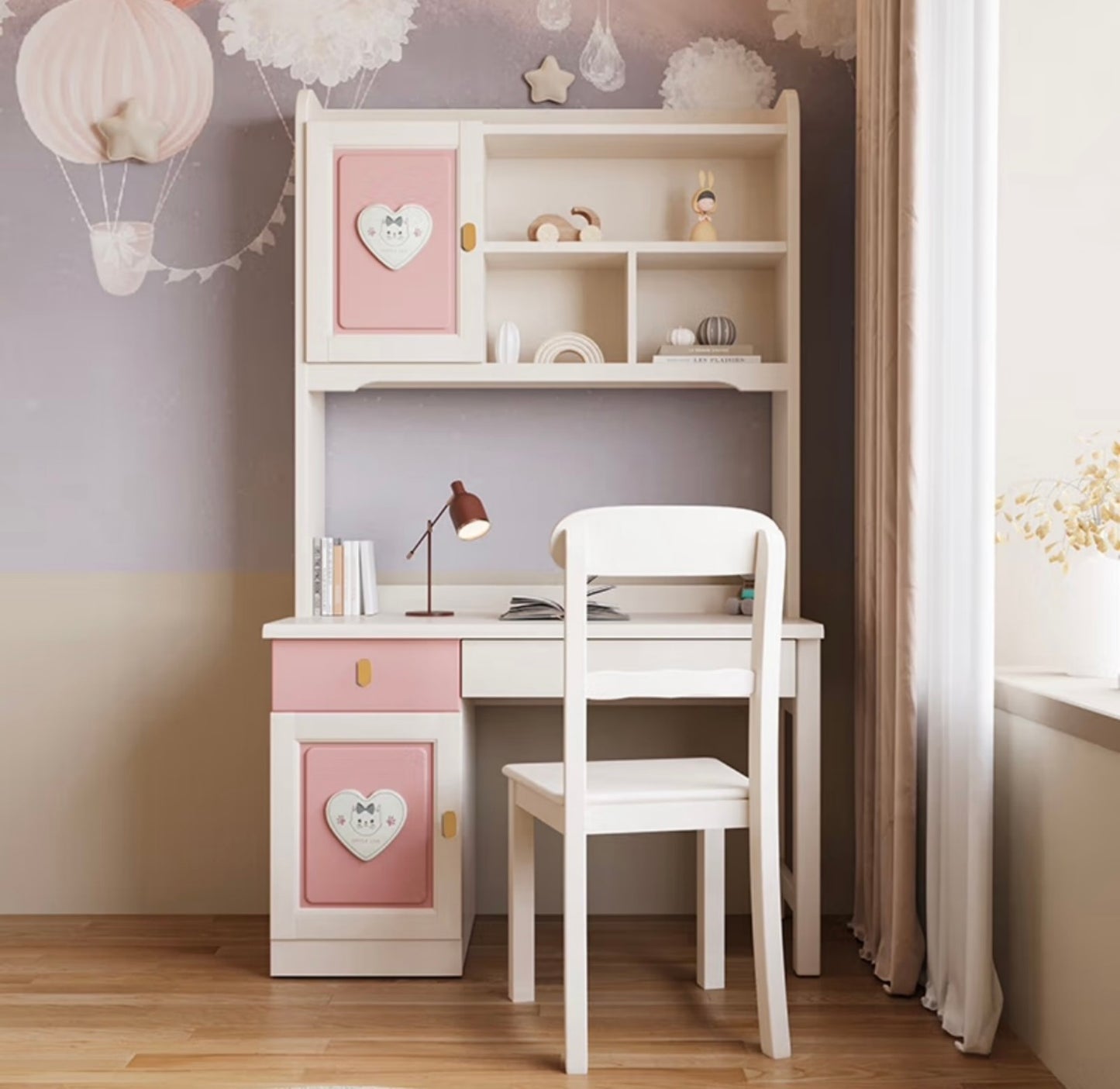 Pink Heart Kids Study Desk – Cute Girls’ Writing Table with Hutch