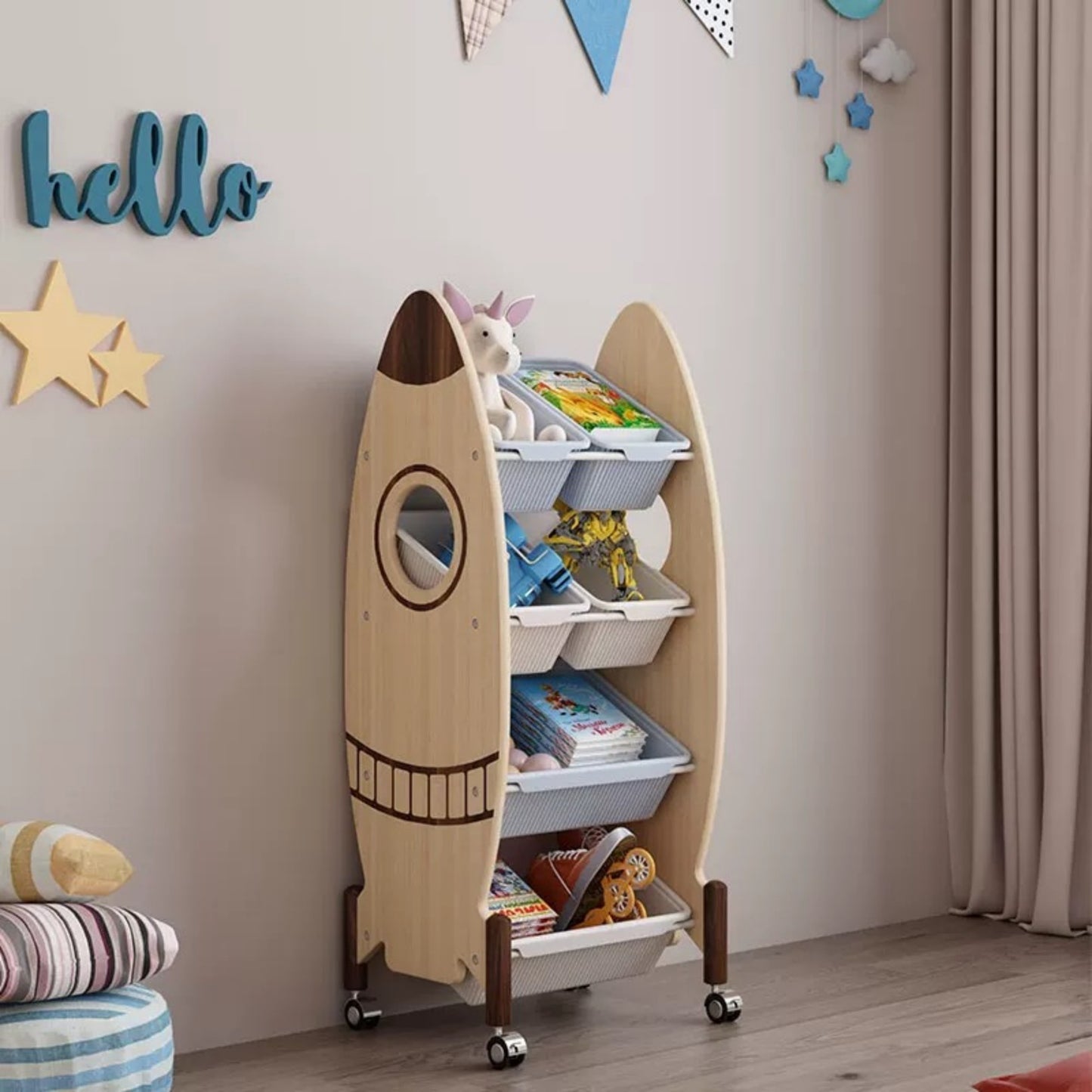 Rocket Ship Kids Bookshelf – Space Theme Storage Rack with Wheels