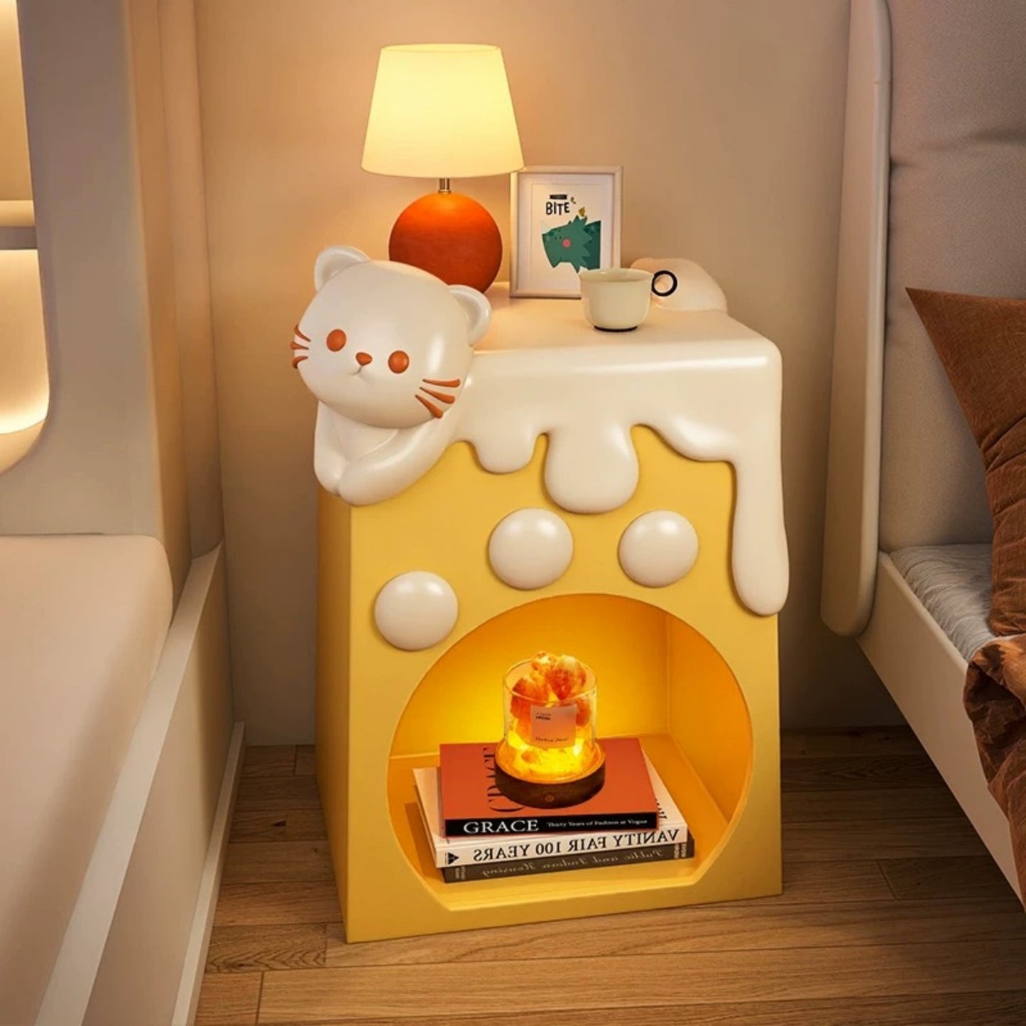 Cute Cat Cheese Nightstand – Kids Bedside Table with Storage