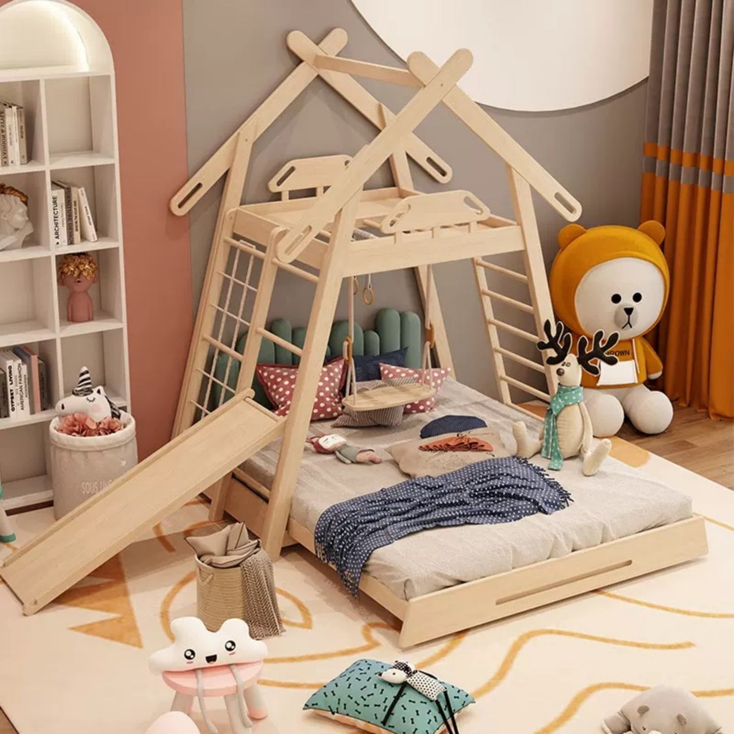 Montessori Playhouse Bunk Bed – Wooden Kids Bed with Slide