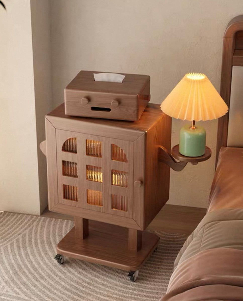 Robot Wooden Nightstand – Retro Mobile Bedside Table with Lamp Tray