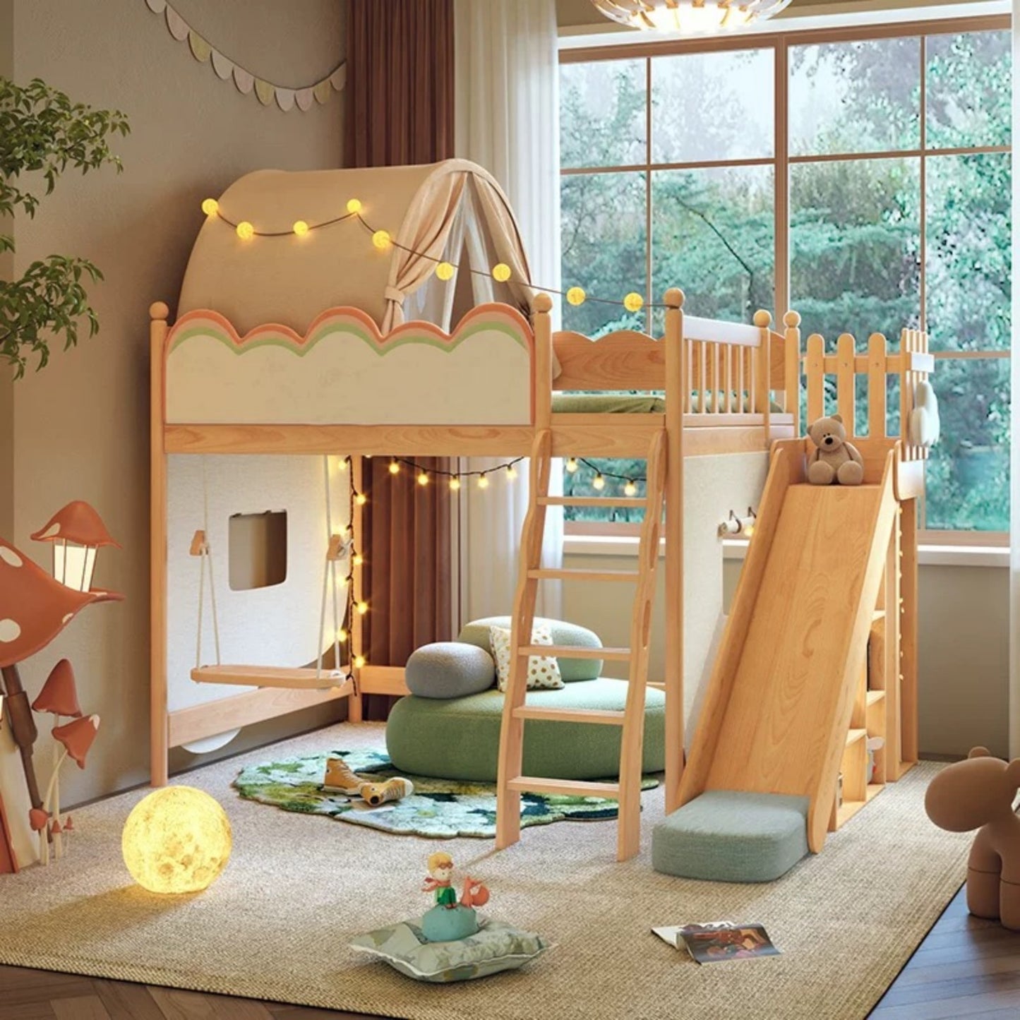 Kids Loft Bed with Slide and Swing – Multi-Function Playhouse Bunk Bed
