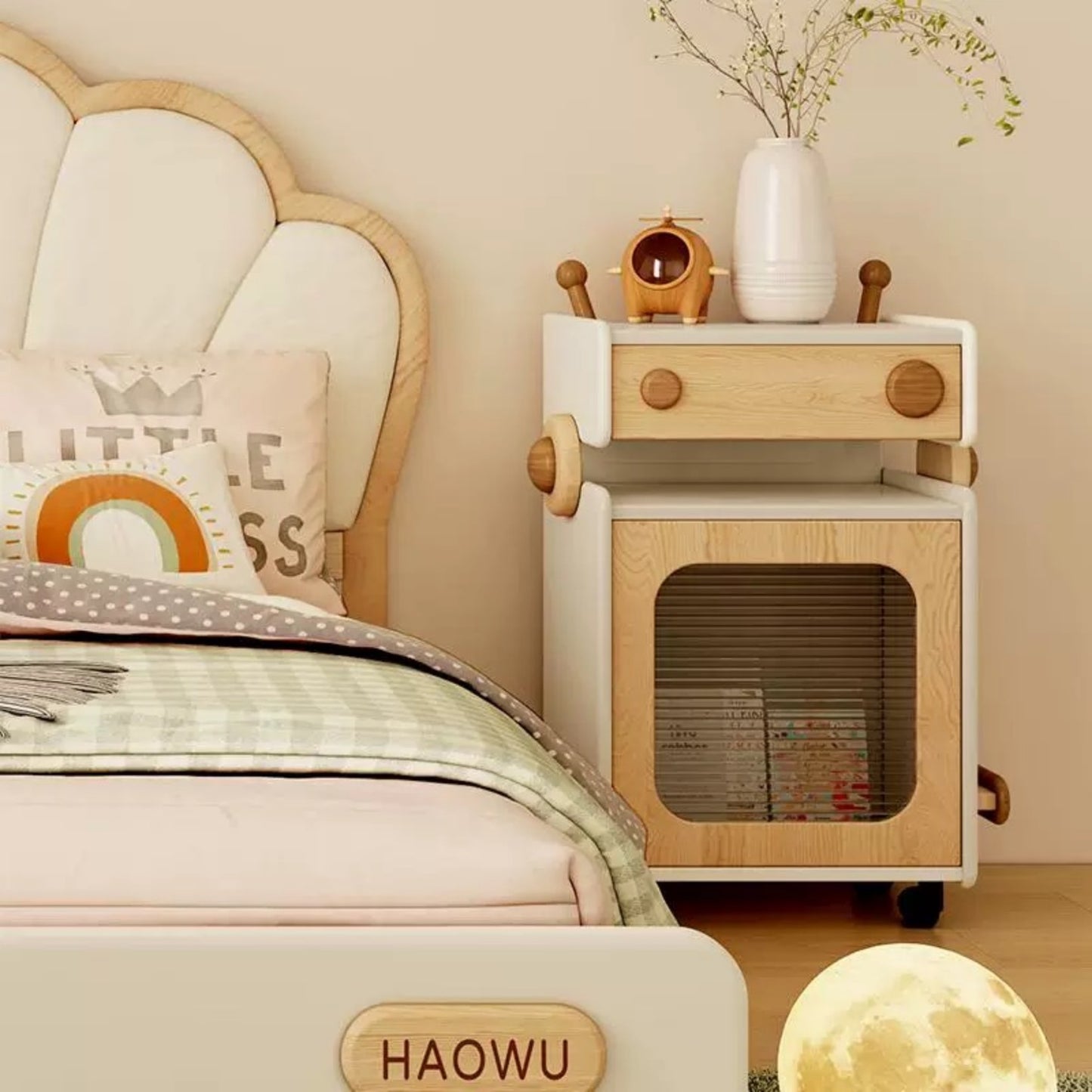 Scandinavian Rolling Bedside Table – Wood and White Kids Nightstand