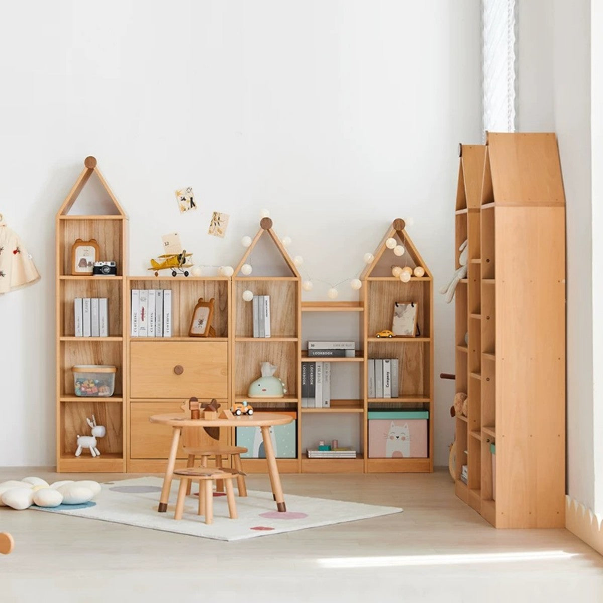 House-Shaped Wooden Bookshelf Set – Montessori Kids Storage Organizer