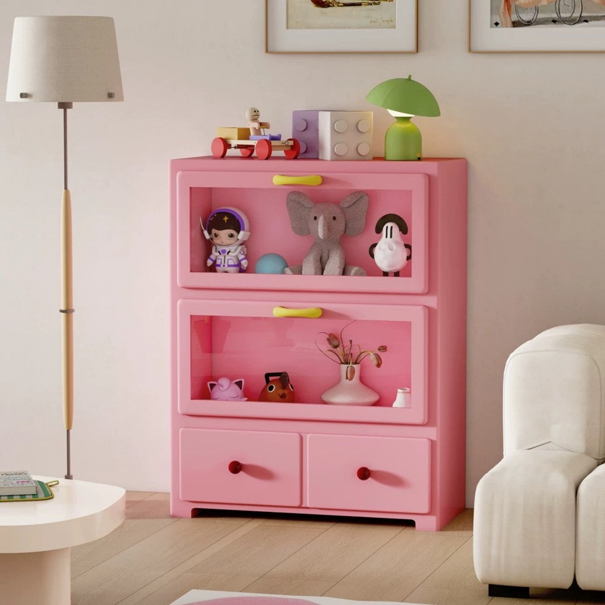 Pink Kids Storage Cabinet – Modern Toy and Bookshelf Organizer