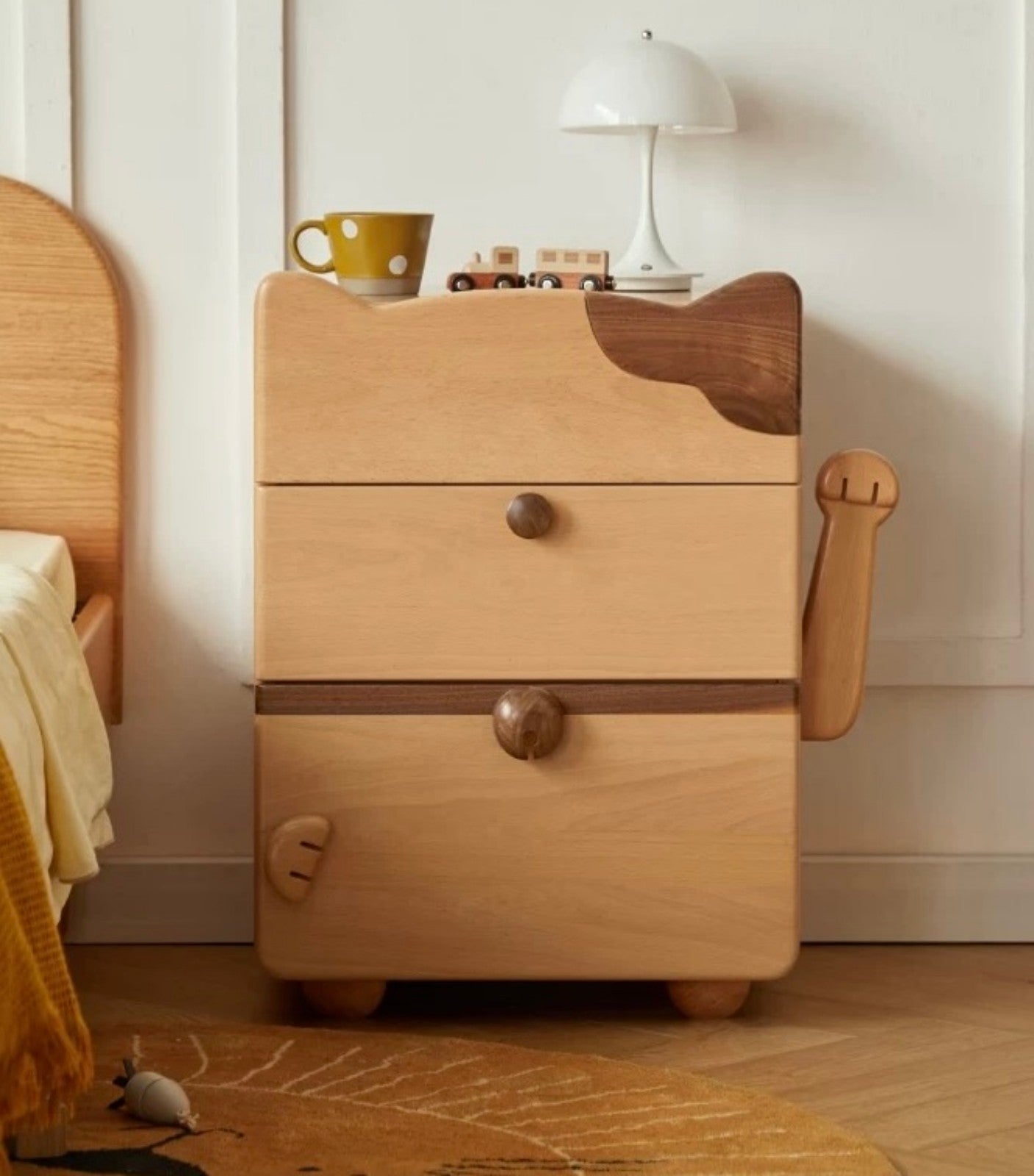 Cute Cat Kids Nightstand – Animal Theme Wooden Bedside Table