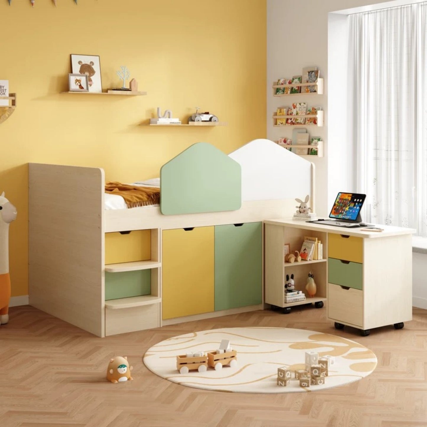 Kids Loft Bed with Storage Cabinets and Study Desk, Modern Multifunctional Children’s Bed
