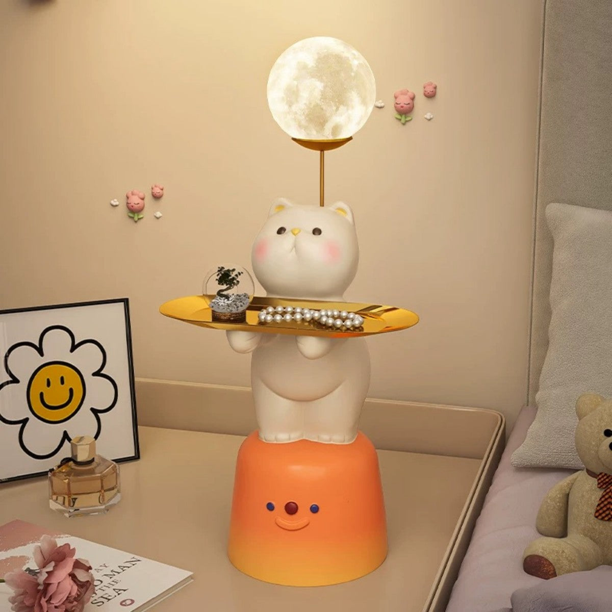 Cat Moon Night Light Tray – Cute Bedside Table Lamp with Storage