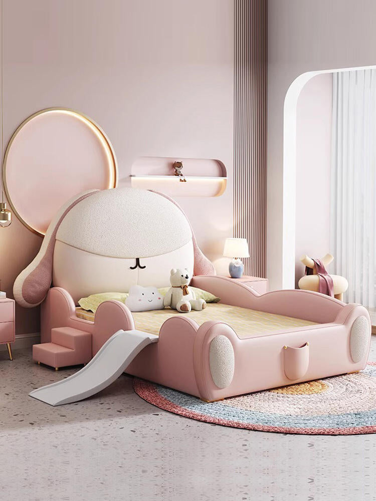 Cute Bunny-Themed Kids Bed with Slide & Steps – Pink Upholstered Toddler Bed with Plush Headboard