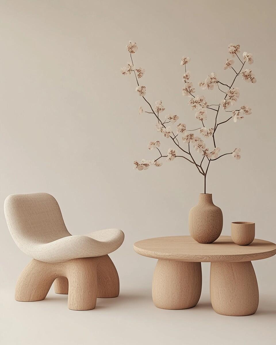 Organic Sculpted Lounge Chair – Bouclé Upholstered Accent Seating with Chunky Wood Base (Seating)