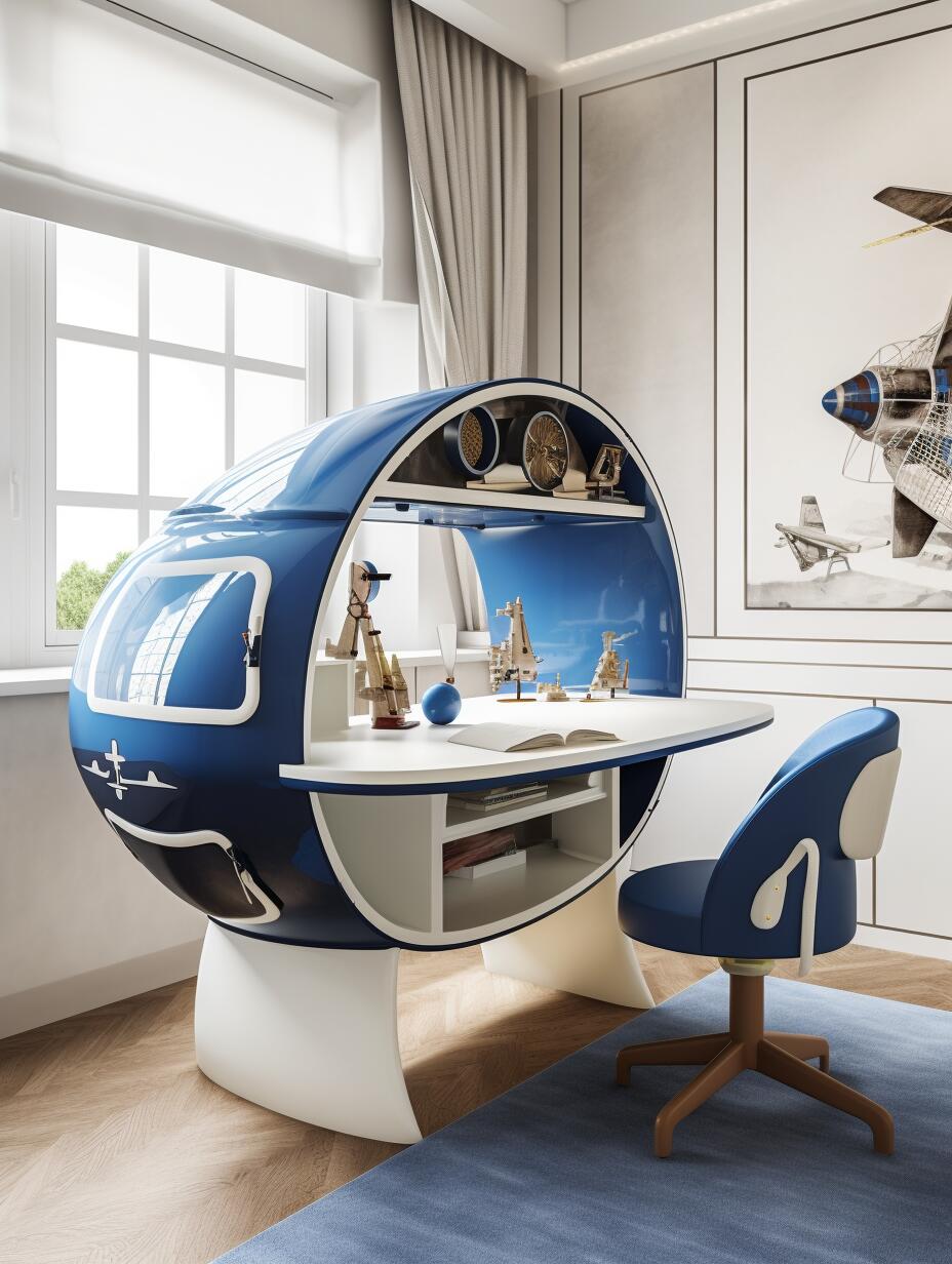 Kids’ Airplane Cockpit-Themed Study Desk & Chair Set – Aviation-Inspired Workspace with Shelves