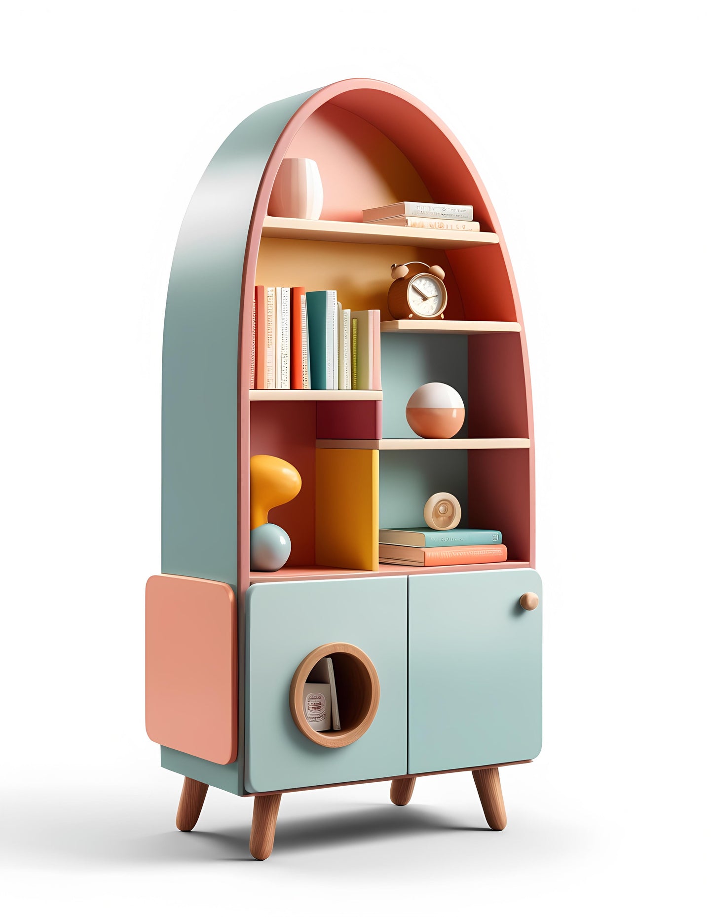 Modern Rainbow Arch Kids' Bookshelf – Colorful Wooden Storage Cabinet with Shelves & Doors