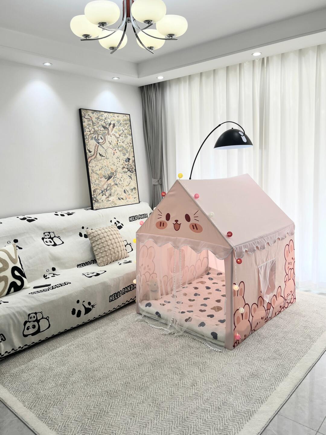 Kids Pink Kitty Playhouse Tent – Indoor Princess Tent with Mat, Lights & Mesh Curtains