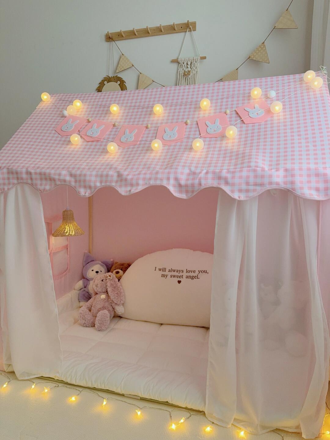 Pink Gingham Bunny Playhouse Tent – Indoor Kids Tent with Curtains, Cushions & Fairy Lights
