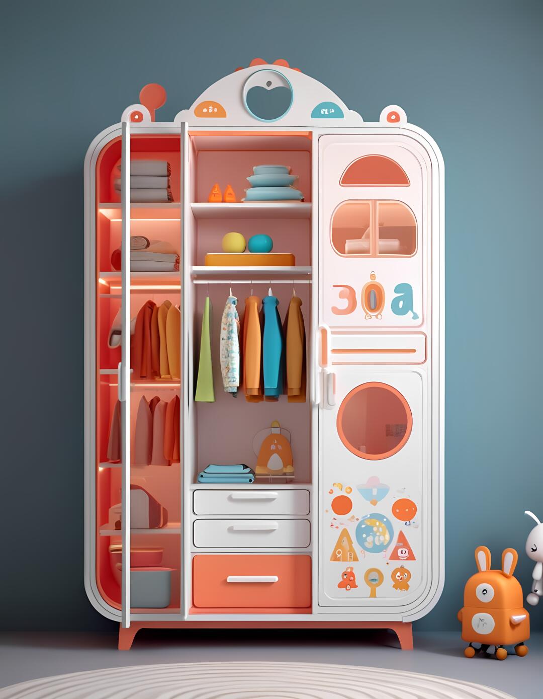 Colorful Kids' Wardrobe Closet – Cartoon-Themed Armoire with Hanging Space & Shelves